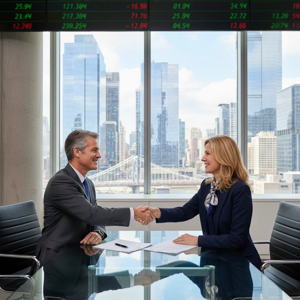 A photorealistic image of two professional adults in business attire shaking hands in a modern corporate office, symbolizing a successful stock purchase agreement, with stock market charts subtly in the background.