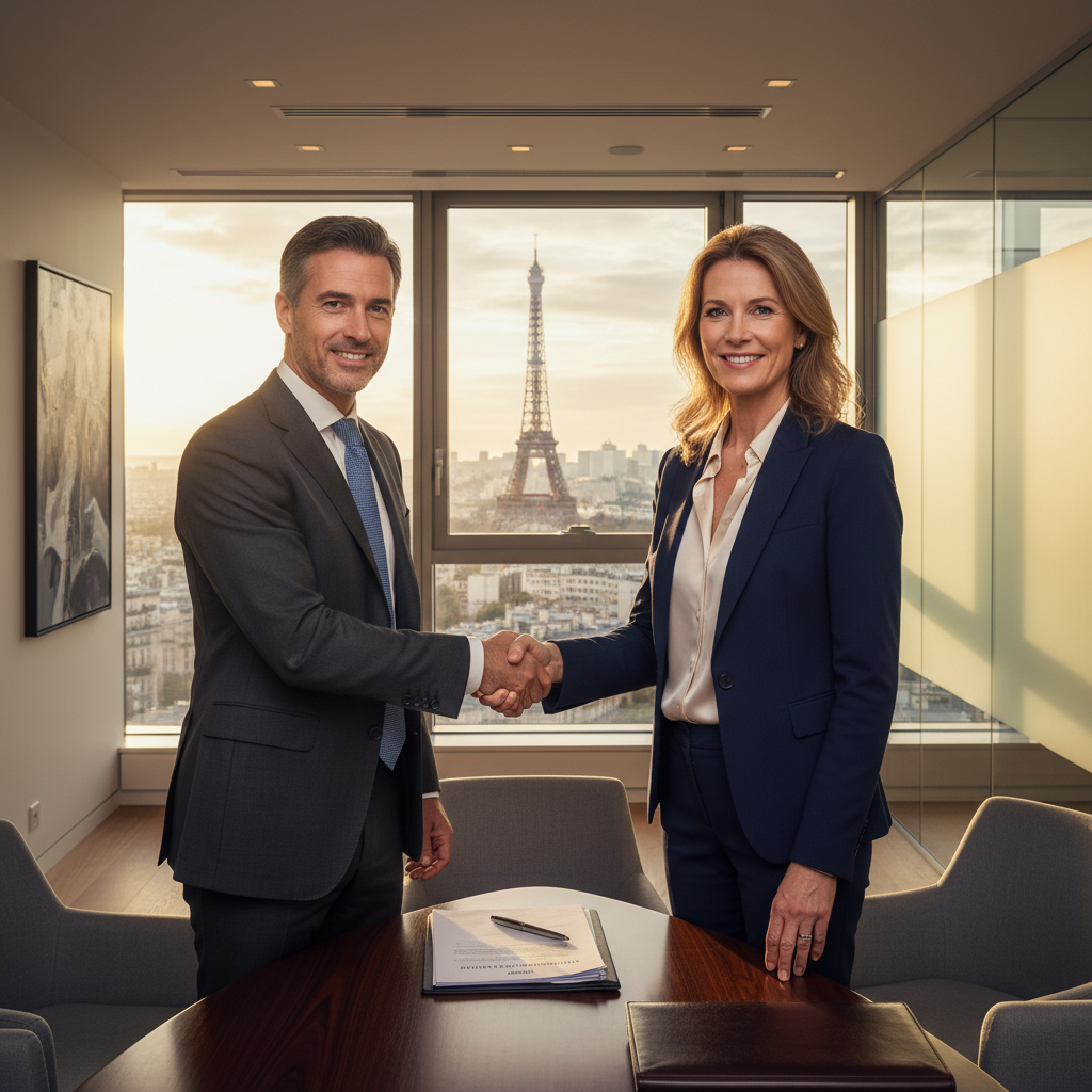 A photorealistic image of two professional adults, a man and a woman in business attire, shaking hands across a conference table in a modern French office, symbolizing the transfer of company shares and business partnership, with subtle French elements like a flag or Eiffel Tower view in the background, conveying trust and agreement in a corporate setting.