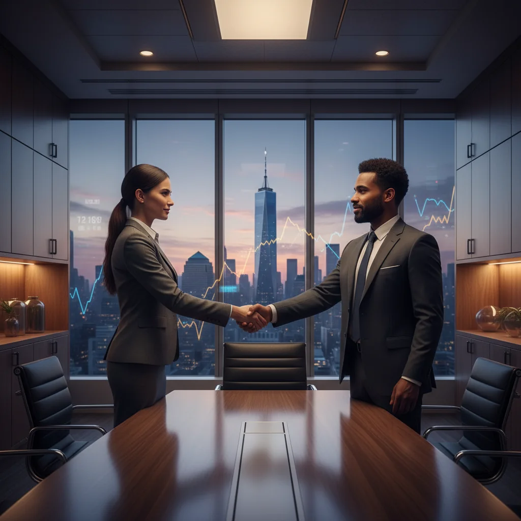 A professional business scene symbolizing stock purchase and investment in the US, featuring a confident businessman and woman shaking hands in a modern office with a large window overlooking the New York City skyline, stock market charts subtly in the background, conveying partnership and financial agreement.