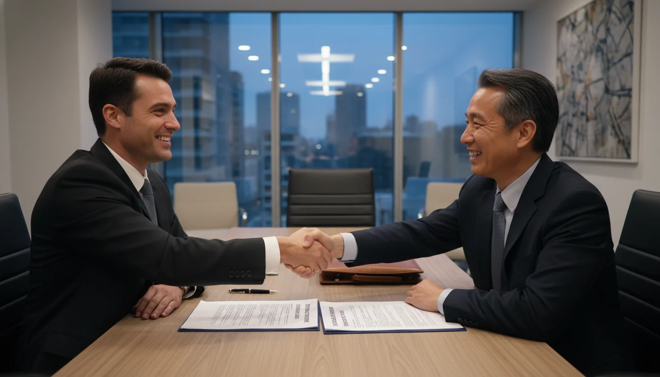 Businessmen signing stock purchase agreement