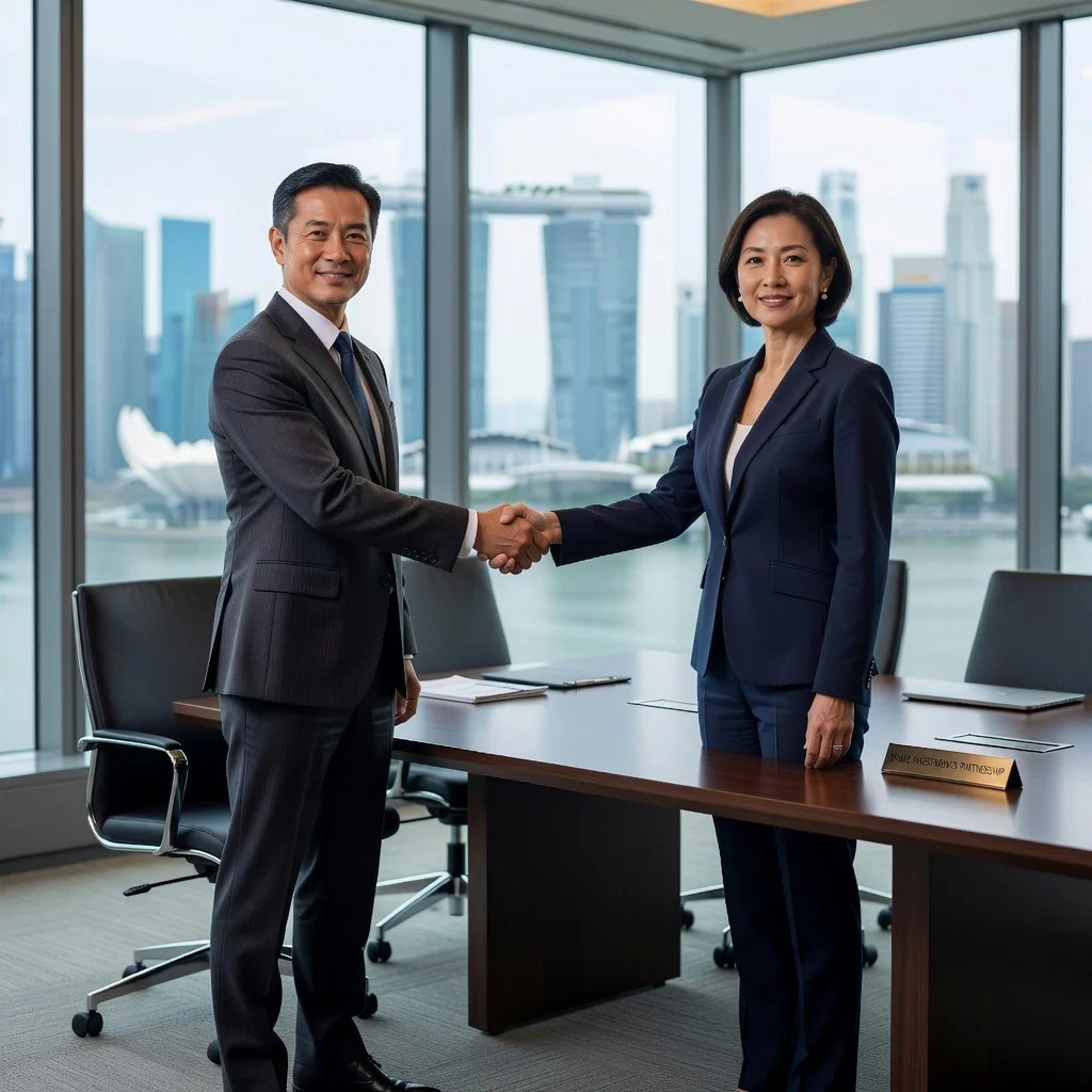 A photorealistic image of two professional adults in business attire shaking hands in a modern Singapore office setting, symbolizing a successful share purchase agreement. The background features subtle elements like the Singapore skyline through large windows, representing business growth and avoiding pitfalls in investments. No children are present.