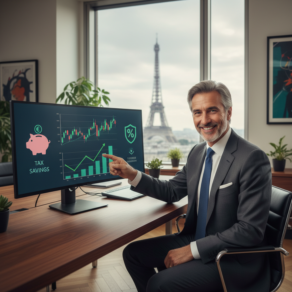 A photorealistic image of a professional French business executive in a modern office setting, smiling confidently while reviewing financial charts on a computer screen that display stock market growth and tax benefits icons, symbolizing the advantages of stock transfer contracts for French companies. The scene conveys success, financial strategy, and business prosperity without any documents visible.
