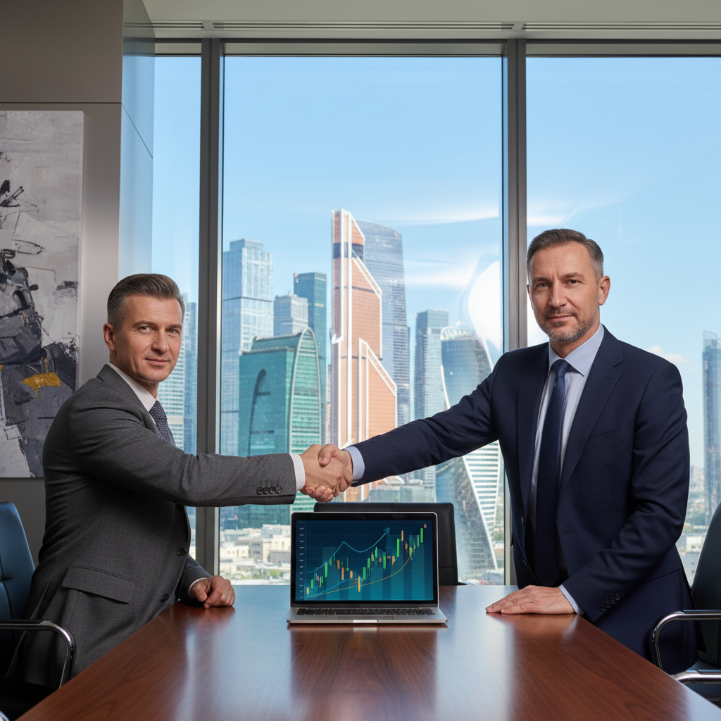 A photorealistic image of two professional adults in a modern business office in Russia, shaking hands over a conference table with subtle stock market charts and Russian skyline visible through the window, symbolizing a stock purchase agreement without focusing on documents.