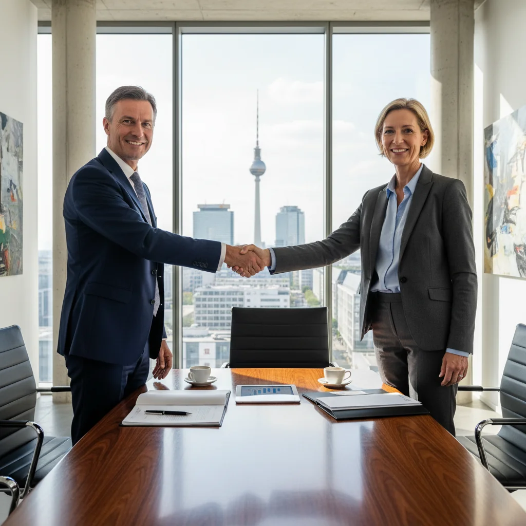 A photorealistic image of two professional businesspeople in a modern office in Germany, shaking hands over a conference table with a subtle German flag or Berlin skyline in the background, symbolizing a successful share sale agreement without focusing on documents.
