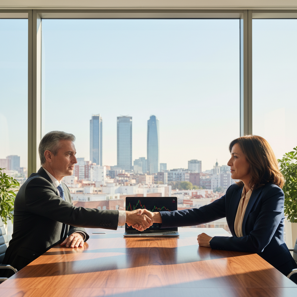 A photorealistic image of two professional adults in business attire shaking hands in a modern Spanish office setting, symbolizing a stock purchase agreement, with subtle elements like stock market charts on a screen in the background, conveying trust and business transaction in the context of Spanish share sales.