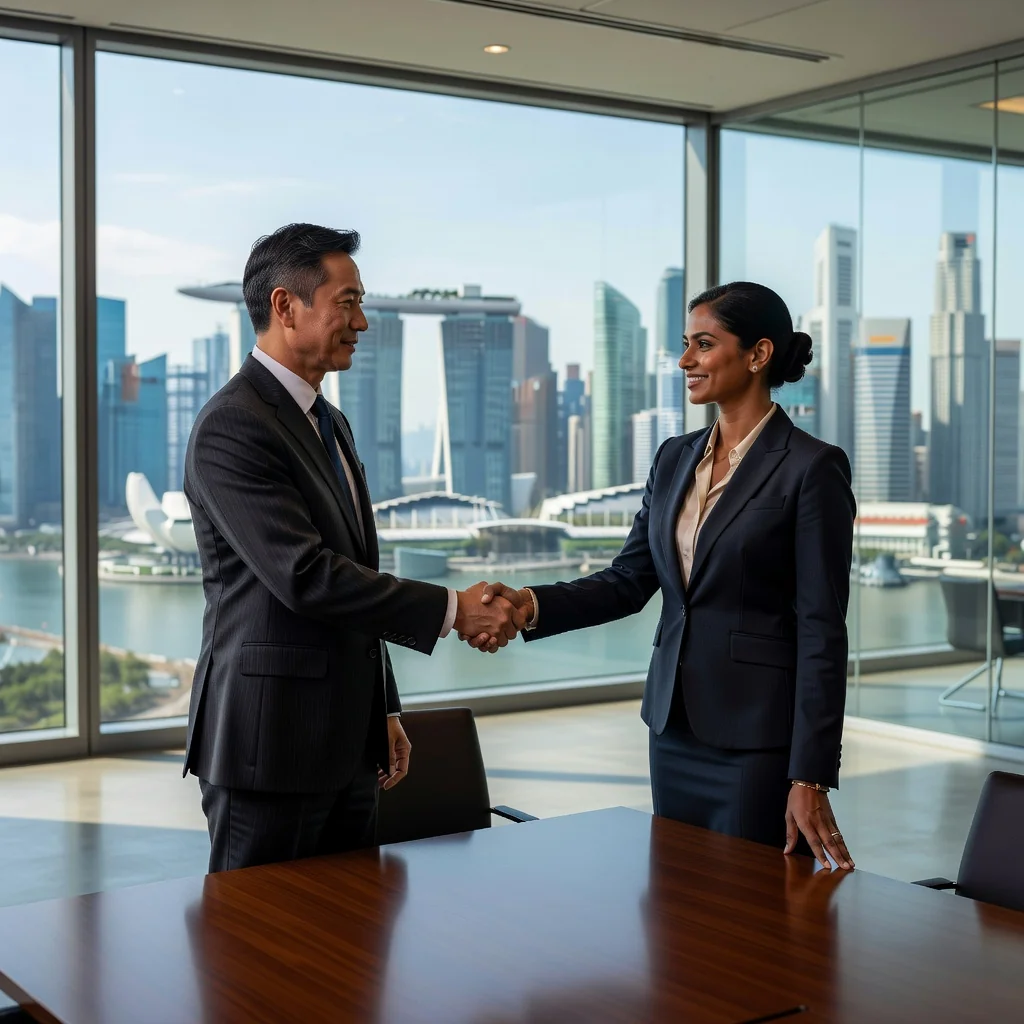 A photorealistic image depicting a professional business handshake between two adults in a modern Singapore office setting, symbolizing a share purchase agreement, with elements like the Singapore skyline visible through large windows, conveying trust, partnership, and corporate transaction without showing any legal documents or children.