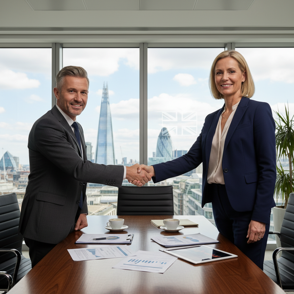 A photorealistic image of two professional adults in a modern UK office, shaking hands over a conference table with a subtle Union Jack flag in the background, symbolizing a successful business deal or share acquisition, conveying trust and partnership in corporate transactions.
