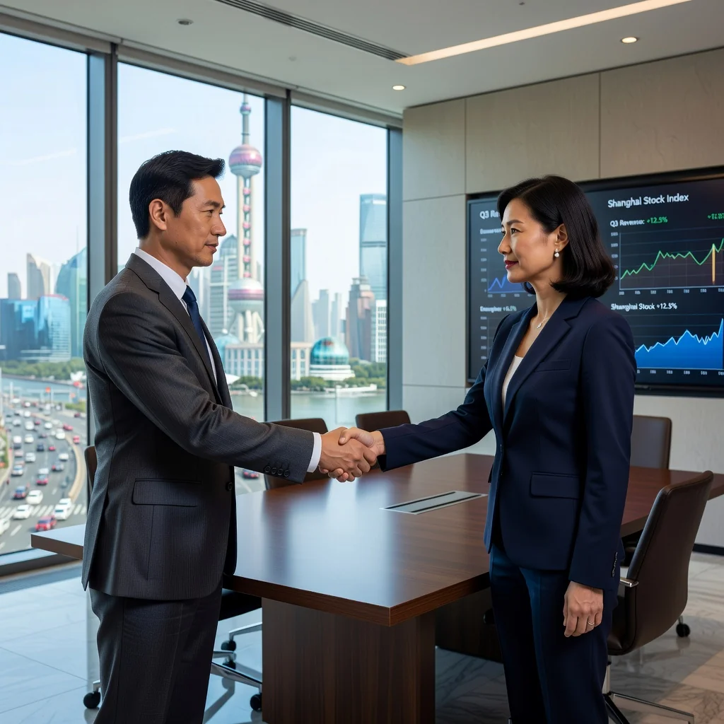 A photorealistic image of two professional business adults, a man and a woman in business attire, shaking hands across a conference table in a modern office, symbolizing a business equity acquisition agreement, with city skyline visible through large windows, conveying partnership and deal-making in corporate China.
