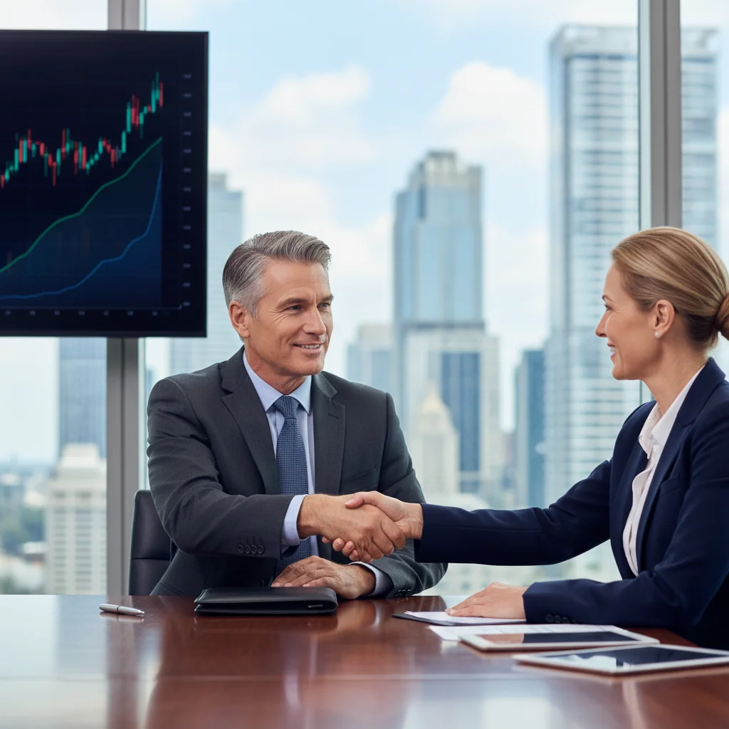 A photorealistic image of two professional adults in a modern office shaking hands over a business deal, symbolizing the agreement in a share purchase contract, with subtle background elements like stock charts or company logos, conveying trust and partnership in corporate acquisition.