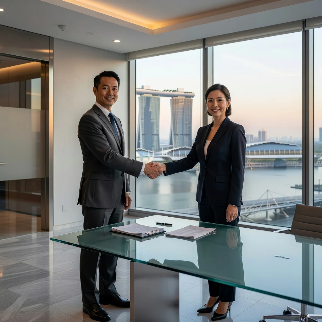 A photorealistic image of two professional business adults in a modern Singapore office, shaking hands over a conference table with a city skyline view in the background, symbolizing a successful share purchase deal for a business.