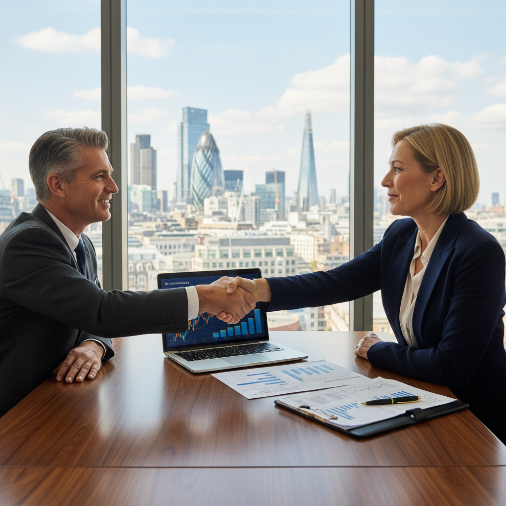A photorealistic image of two professional adults in a modern office setting, shaking hands over a conference table with subtle financial charts and graphs in the background, symbolizing a successful business deal and share purchase agreement in the UK, conveying trust and agreement without showing any legal documents.