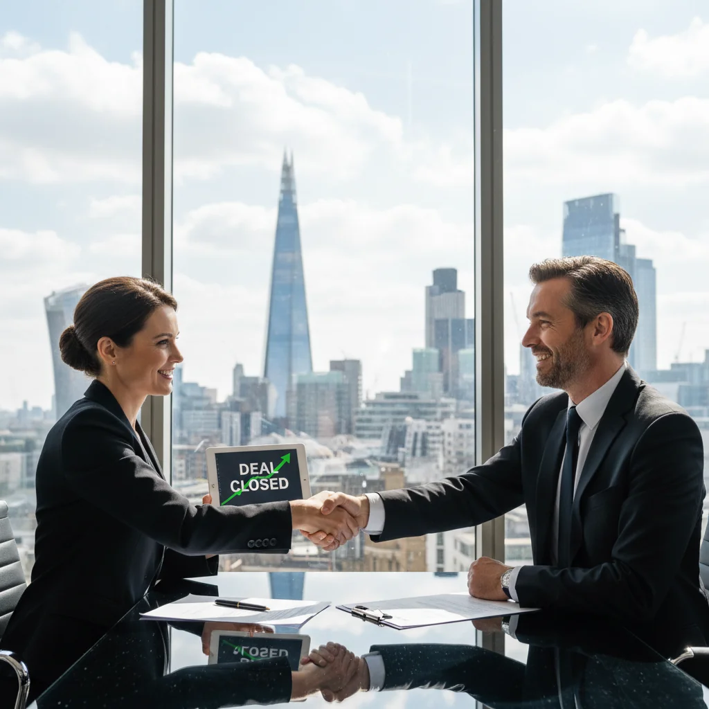 A professional business scene representing a share purchase agreement in the UK, showing two middle-aged business professionals in a modern office shaking hands over a deal, symbolizing the successful transfer of company shares, with subtle UK elements like a Union Jack flag in the background, no legal documents visible, photorealistic style.