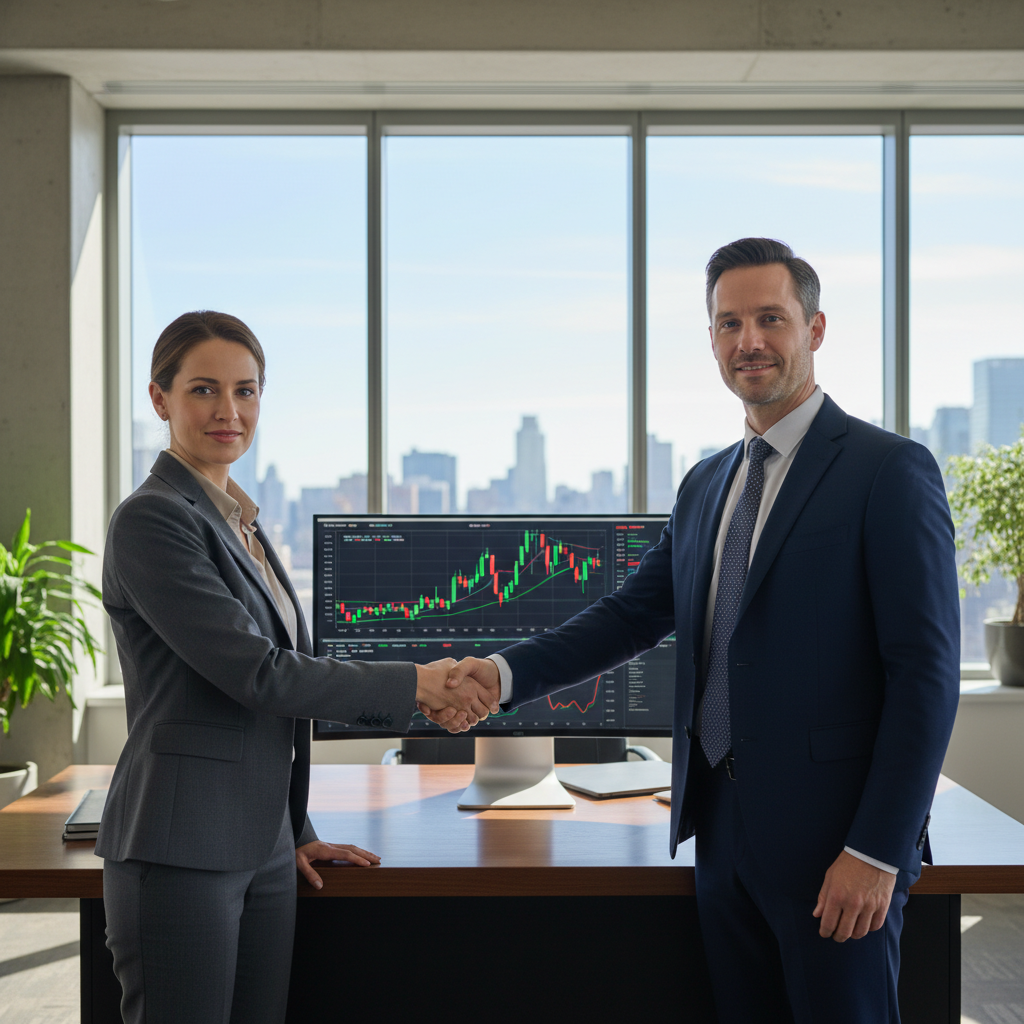 A photorealistic image of a professional adult in a modern office setting, shaking hands with a business partner over a desk, symbolizing a stock trading agreement. The scene conveys trust, agreement, and financial partnership, with stock market charts subtly visible on a computer screen in the background. No children are present.