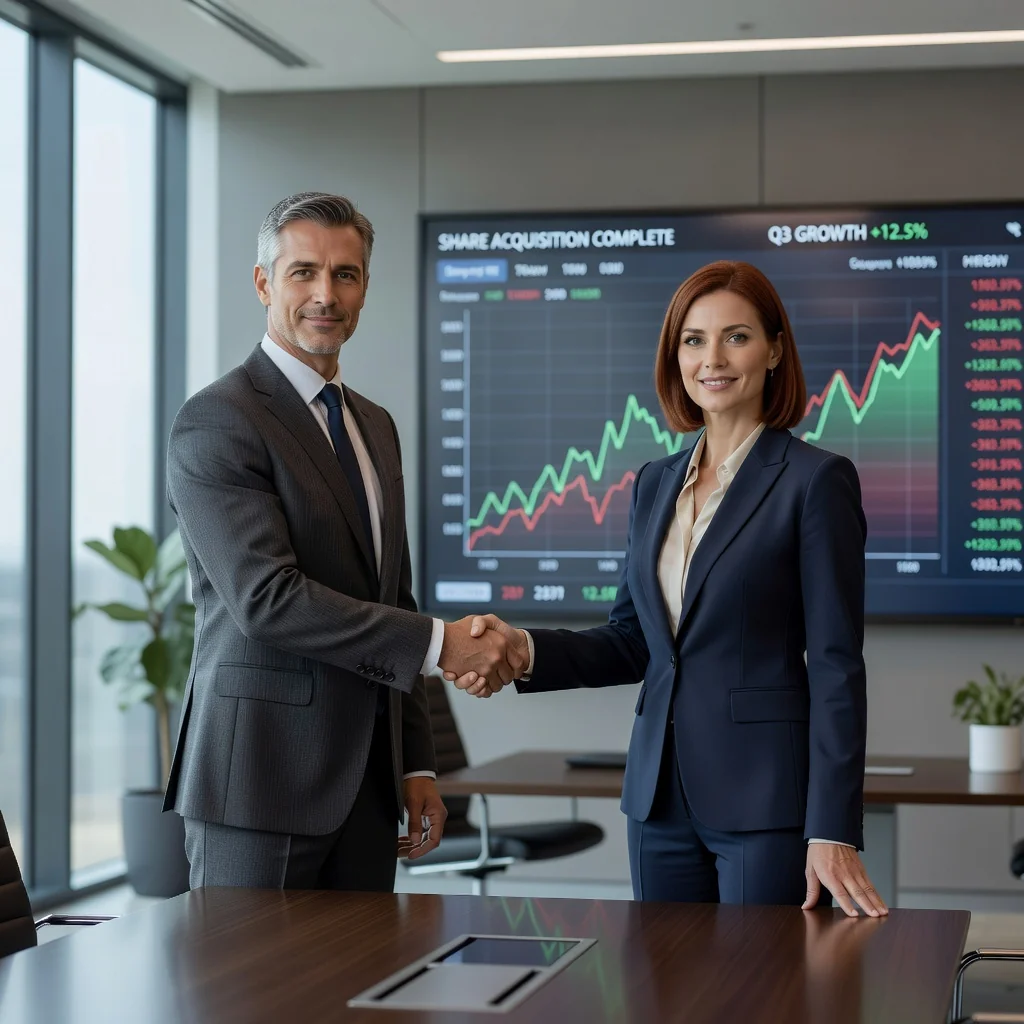 A photorealistic image of two professional adults, a man and a woman in business attire, shaking hands across a conference table in a modern office, symbolizing a successful stock purchase agreement, with stock market charts subtly in the background on a screen, conveying trust and business partnership.