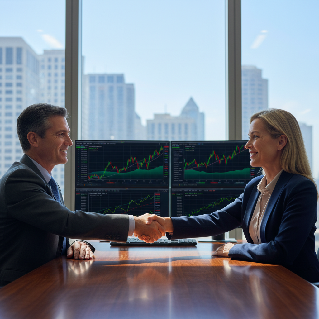 A photorealistic image depicting two professional adults, a buyer and a seller, shaking hands in a modern corporate office setting to symbolize the agreement in a stock purchase contract. The background includes subtle elements like stock market charts on screens, representing the exchange of shares without focusing on legal documents.