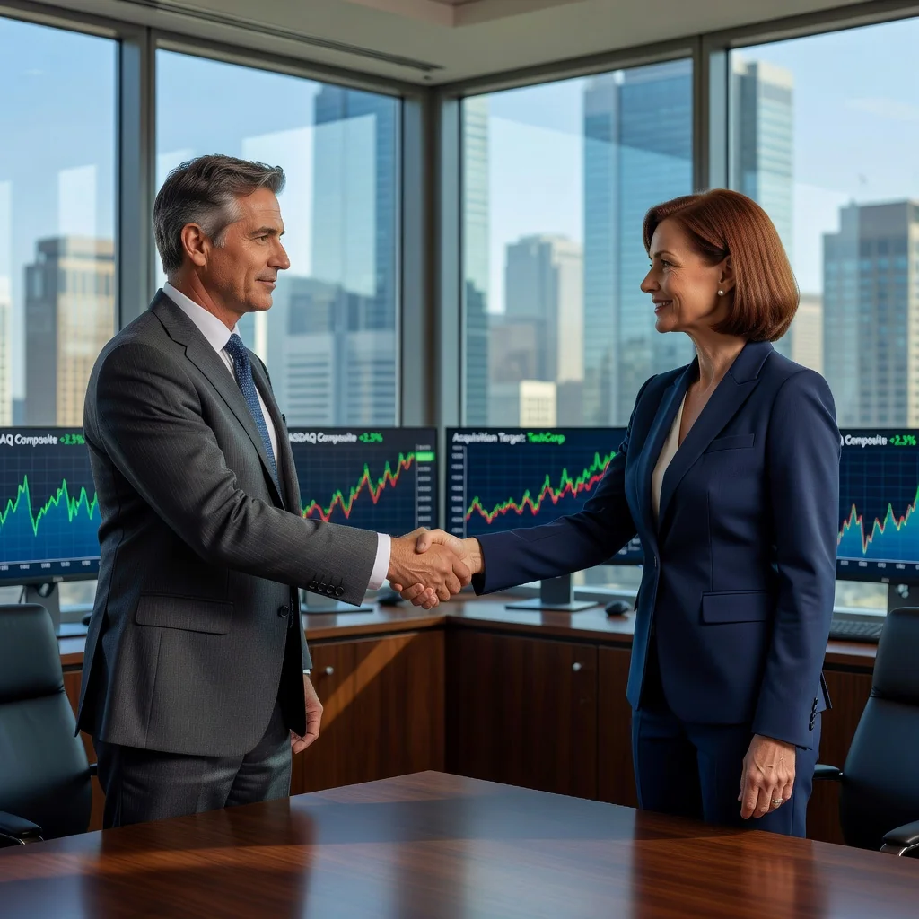 A photorealistic image of two professional adults shaking hands in a modern office setting, symbolizing a successful stock purchase agreement, with subtle stock market charts in the background, conveying trust and business partnership.