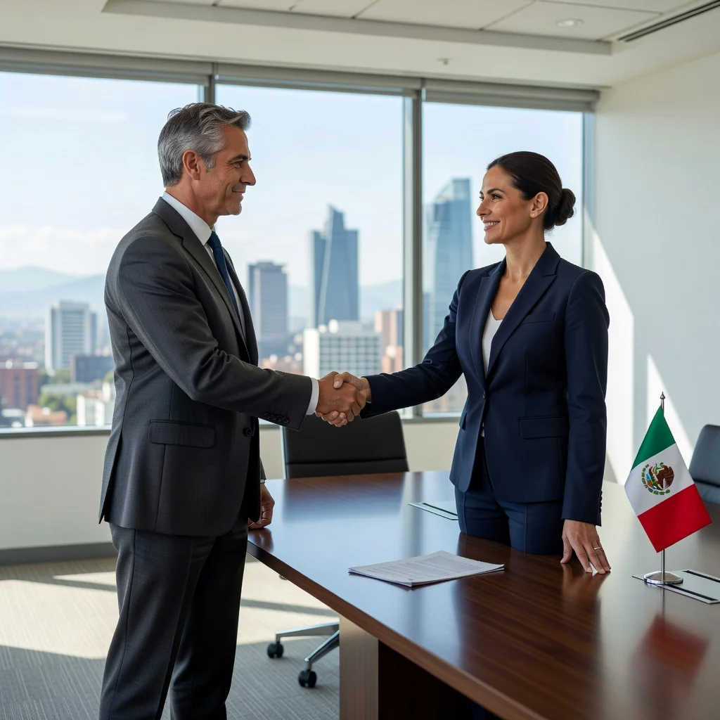 A professional business meeting in a modern Mexican office, where two adults in business attire are shaking hands over a table, symbolizing a stock purchase agreement, with subtle Mexican elements like a flag or cityscape in the background. No legal documents visible. Photorealistic style.