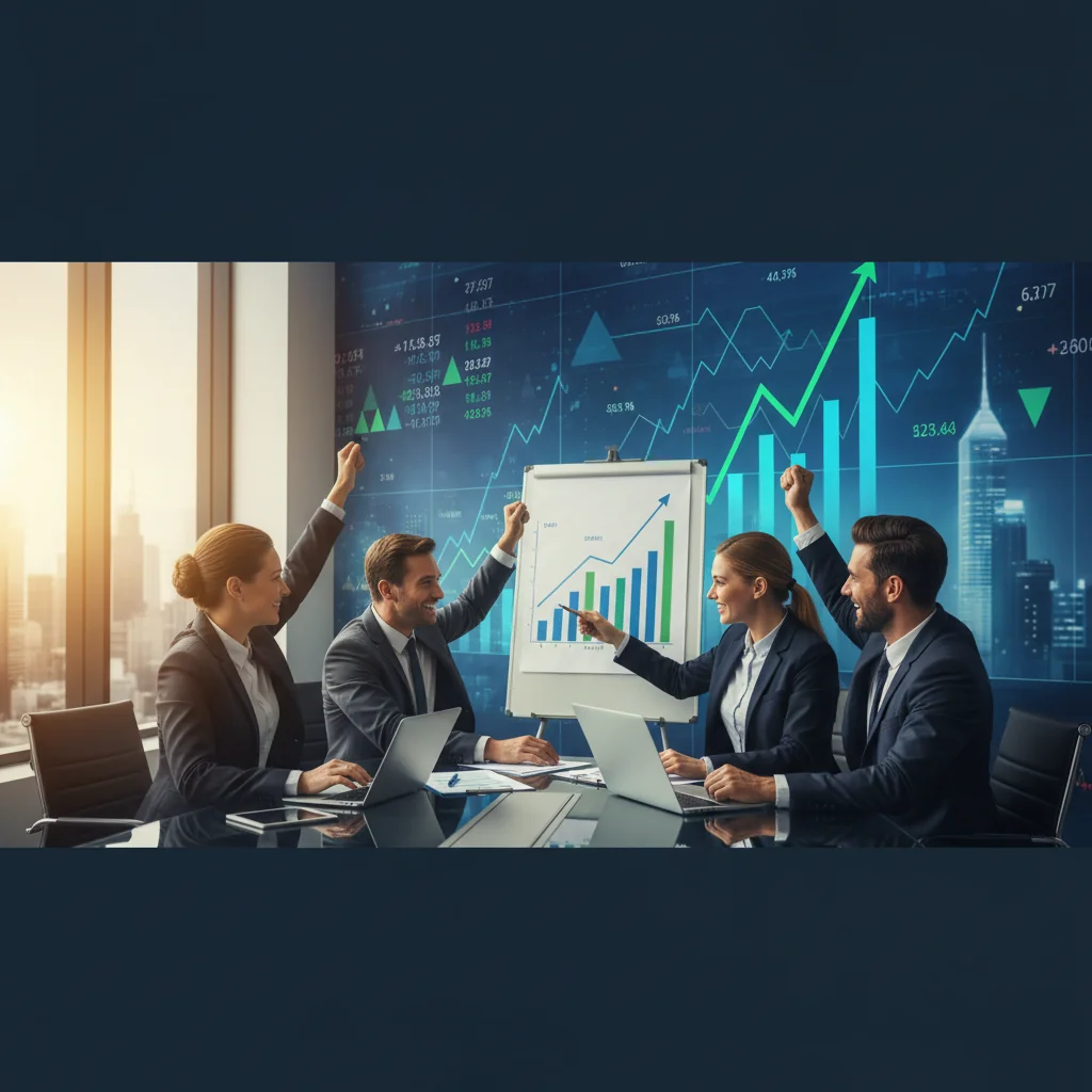 A professional business scene depicting stock market growth and investment success, with upward-trending charts, a diverse team of executives shaking hands in a modern office, symbolizing wise financial decisions in stock purchases without focusing on legal documents.