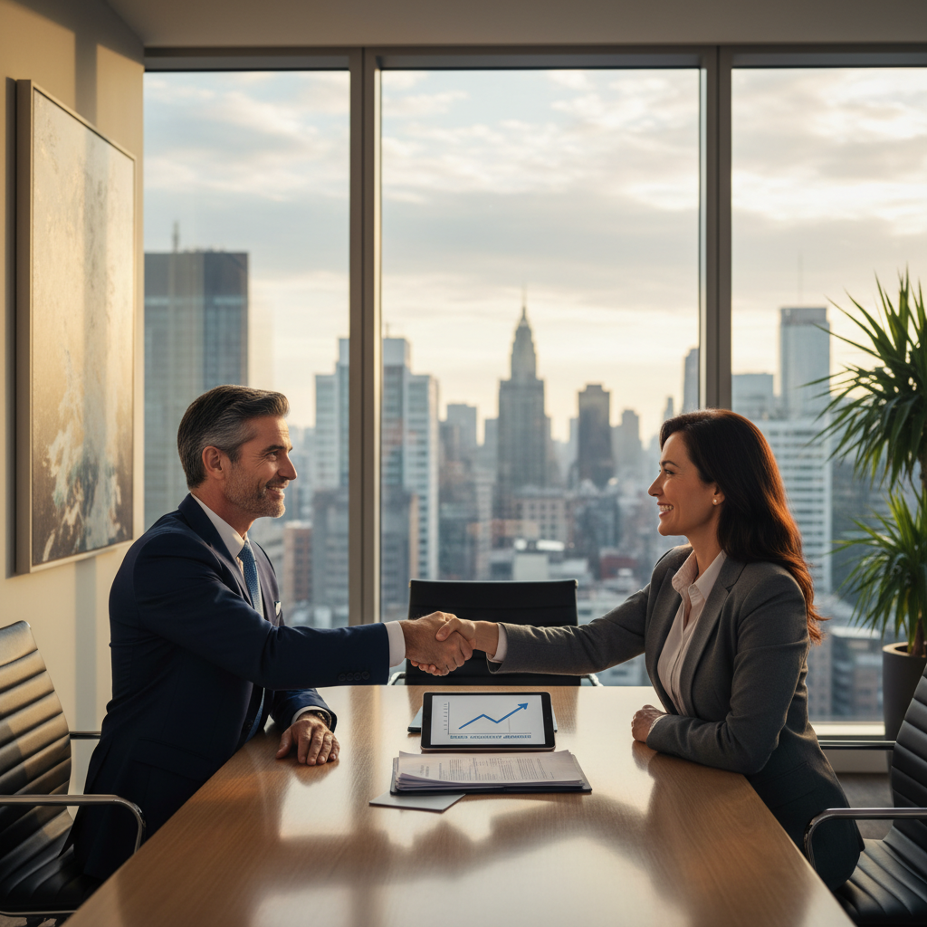 A photorealistic image depicting a professional business meeting between two adults, symbolizing the negotiation and agreement in a company share purchase contract, with handshakes over a table in a modern office setting, conveying trust and financial transaction without showing any documents.