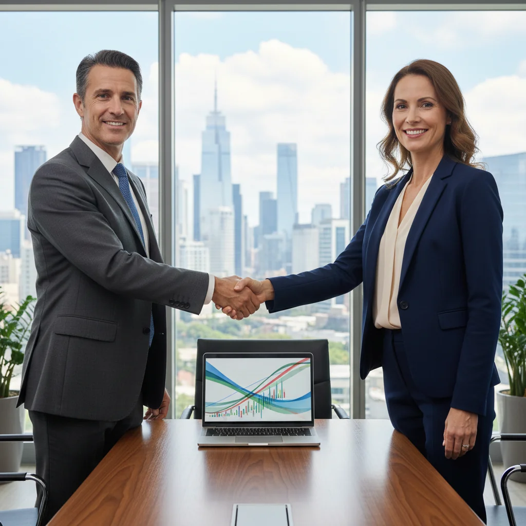 A photorealistic image of two professional businesspeople in a modern office setting, shaking hands over a conference table to symbolize a stock transfer agreement, with subtle background elements like stock charts on a screen and city skyline view, conveying trust and business partnership.