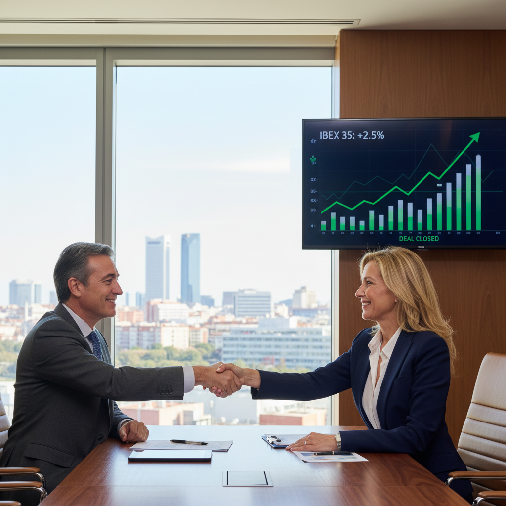A photorealistic image of two professional adults in a modern Spanish office, shaking hands over a conference table with subtle stock market charts on a screen in the background, symbolizing a share purchase agreement.