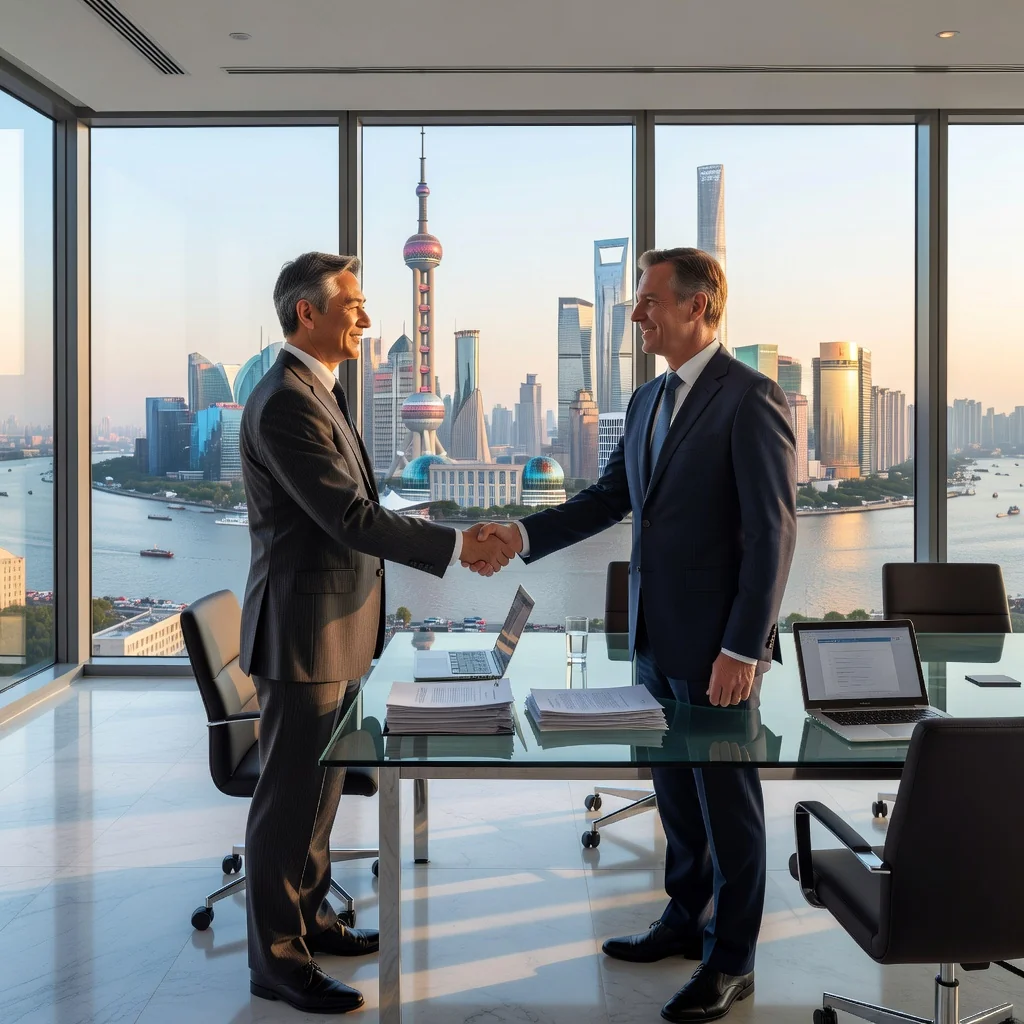 A professional scene representing corporate mergers and acquisitions in China, featuring two diverse adult business executives in a modern conference room shaking hands over a deal, with a subtle Chinese city skyline visible through the window, symbolizing equity purchase and business growth.