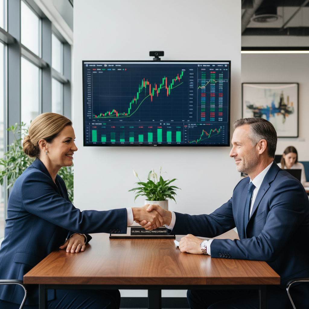 A photorealistic image of two professional adults in business attire shaking hands across a desk in a modern office, symbolizing a stock trading agreement, with stock market charts subtly visible on a computer screen in the background, conveying trust and legal partnership in financial transactions.