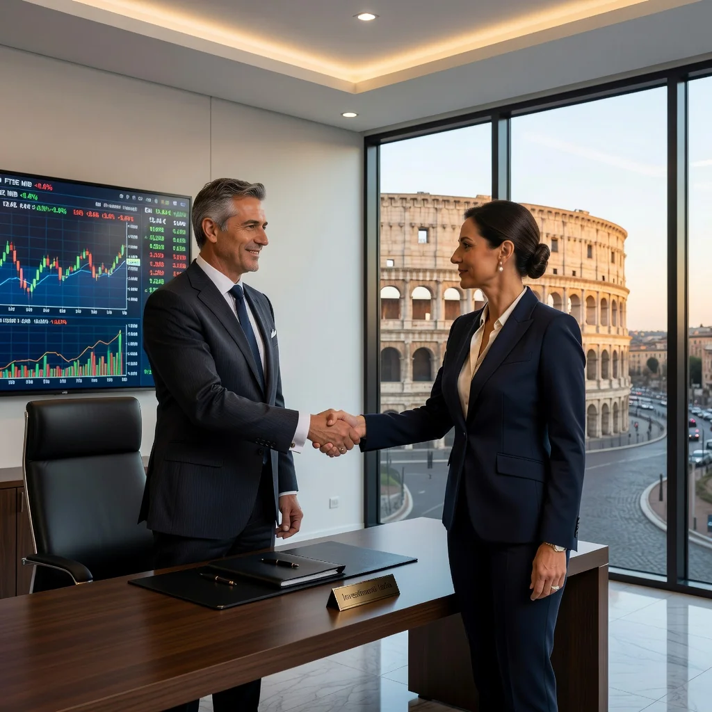 A professional business scene in Italy representing stock purchase agreements, featuring two adults in suits shaking hands in a modern office with Italian landmarks visible through the window, symbolizing successful investment and partnership.