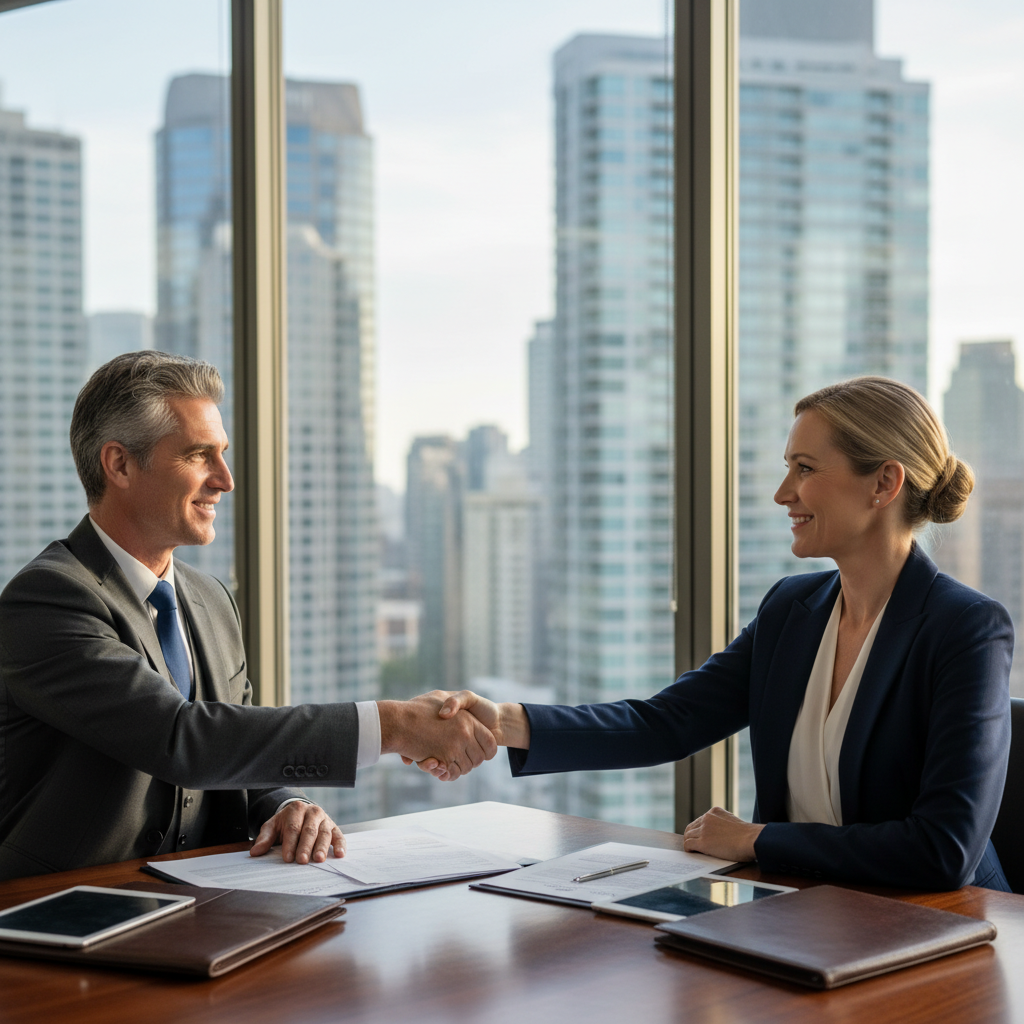A photorealistic image of two professional adults in business attire shaking hands across a conference table in a modern office, symbolizing a stock transfer agreement and business partnership. The scene conveys trust and agreement without showing any legal documents.