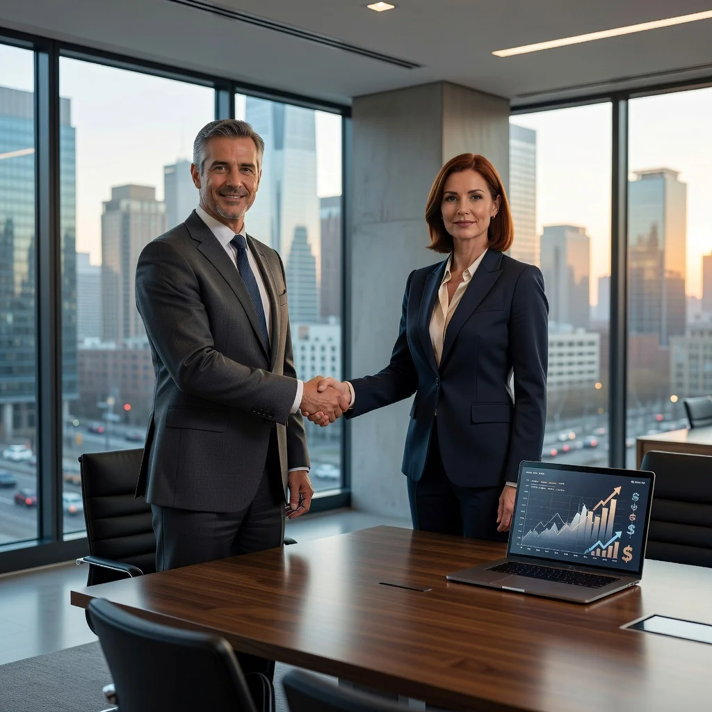 A photorealistic image depicting two professional business executives in a modern conference room, shaking hands over a conference table with subtle financial charts and graphs in the background, symbolizing a successful equity acquisition deal without focusing on any legal documents.