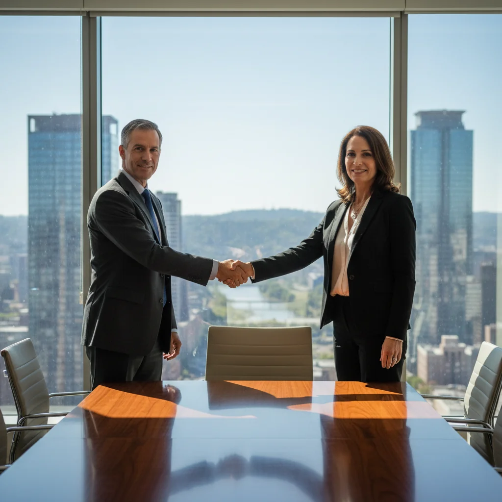 A photorealistic image of two professional business adults, a man and a woman in business attire, shaking hands across a conference table in a modern office setting, symbolizing the transfer of company shares and business partnership, with subtle background elements like stock charts or company logos but no visible documents.