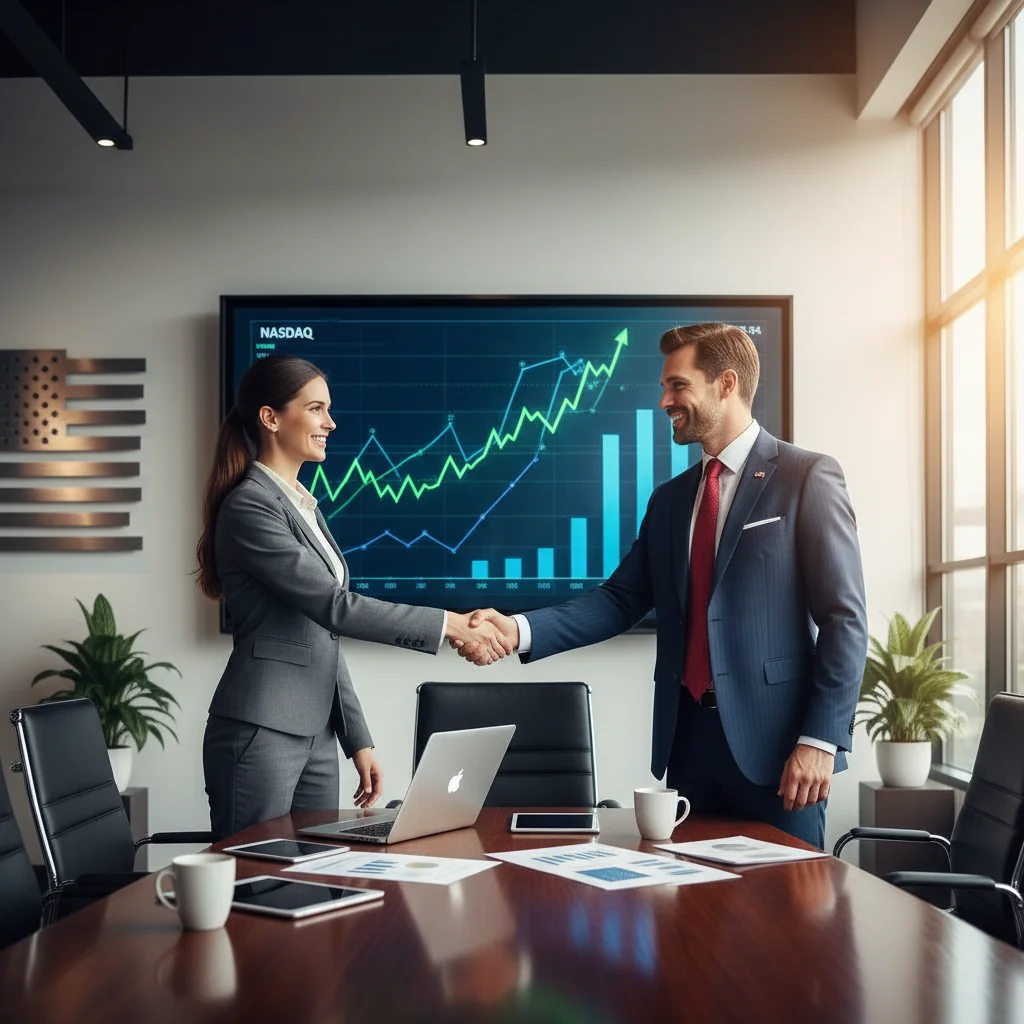 A professional business meeting where two negotiators in suits shake hands across a conference table, with stock market charts and graphs projected on a screen in the background, symbolizing the negotiation of a stock purchase agreement in the United States.