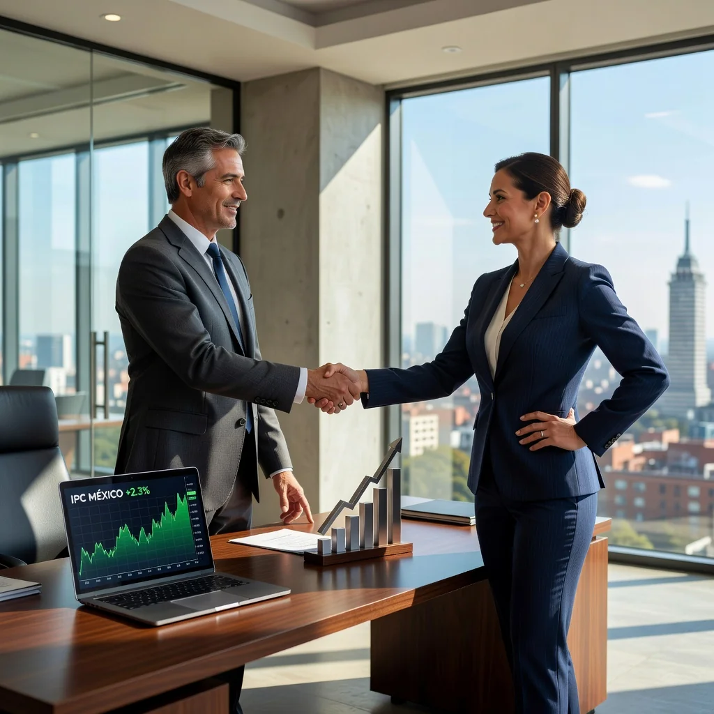 A photorealistic image of two professional adults in a modern Mexican office, shaking hands over a business deal involving stock purchase, symbolizing agreement and investment in the stock market, with subtle Mexican cultural elements like a flag or city skyline in the background, conveying trust and financial partnership.