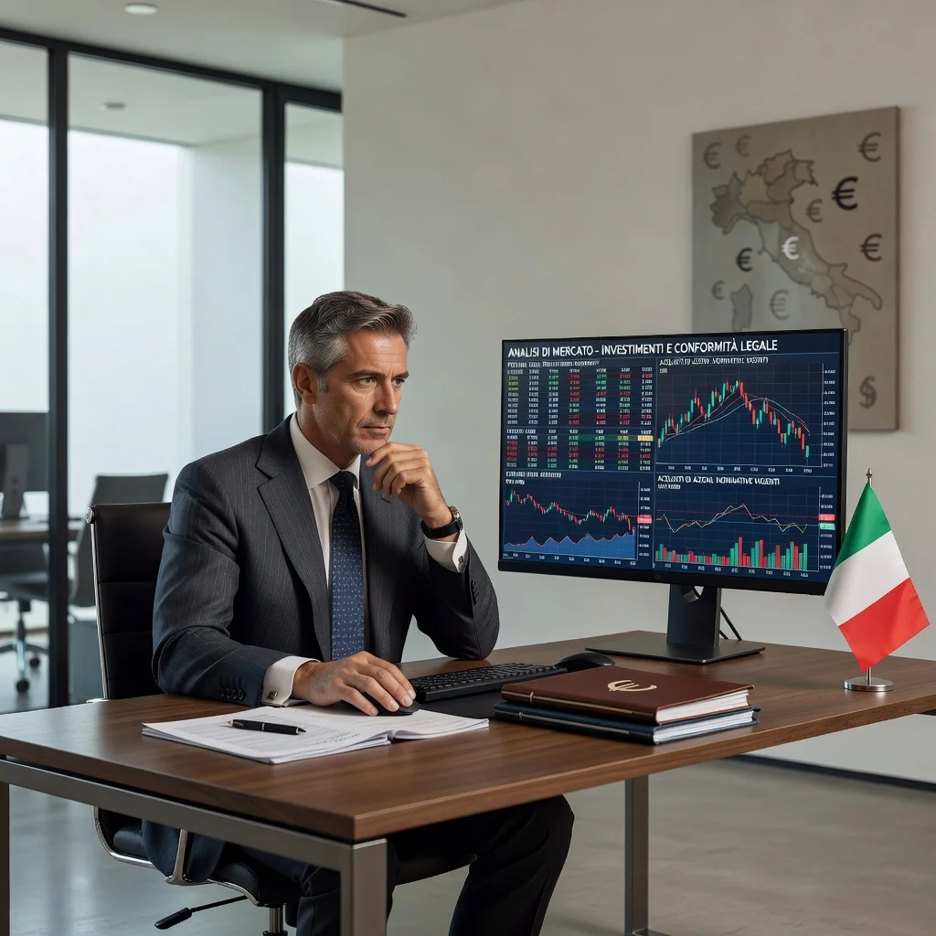 A photorealistic image of a professional adult businessman in a modern office setting, reviewing stock market charts on a computer screen with Italian flags or symbols in the background, symbolizing the legal aspects of purchasing Italian shares. No children present.