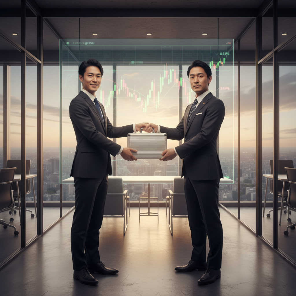 A photorealistic image of two professional Japanese businesspeople in a modern office setting, shaking hands to symbolize a successful stock transfer agreement, with subtle background elements like stock charts on a screen, conveying trust and legal compliance in corporate transactions.