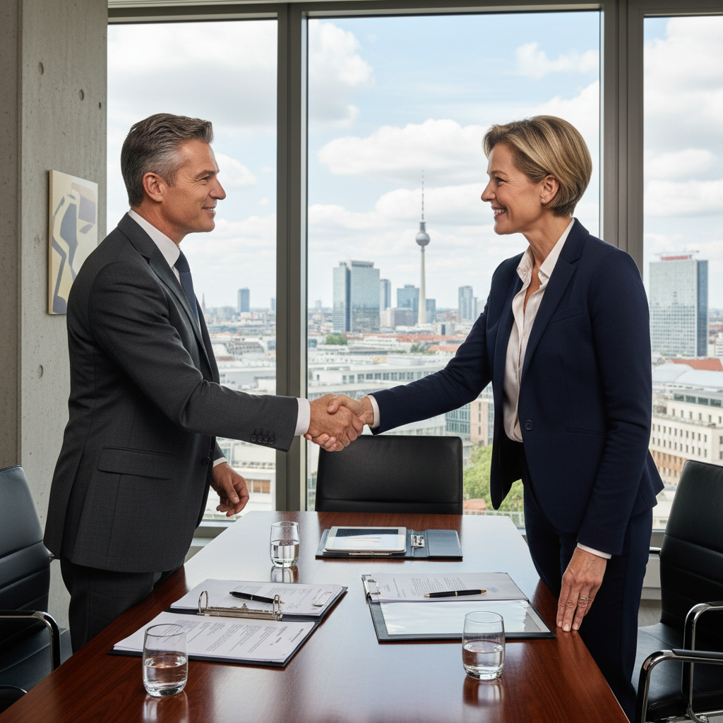 A photorealistic image of two professional adults shaking hands in a modern German office setting, symbolizing a business agreement on share purchase, with subtle German flags or architecture in the background to evoke a sense of legal transaction in Germany. No children or text visible.