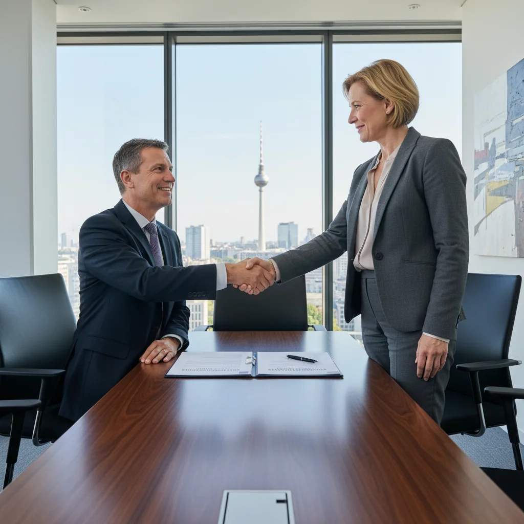 A photorealistic image of two professional adults in a modern German office setting, shaking hands over a conference table with a city skyline view of Berlin in the background, symbolizing a successful business share acquisition agreement, no children or documents visible.