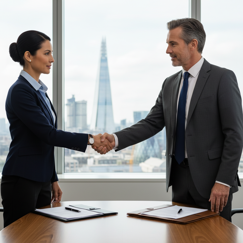 A photorealistic image of two professional adults in a modern office shaking hands over a conference table, symbolizing a successful business deal or share purchase agreement in the UK, with subtle UK flag or London skyline in the background, conveying trust and partnership in corporate transactions.