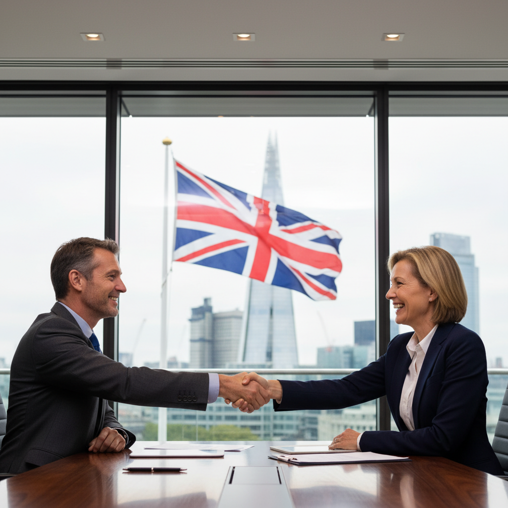 A professional scene representing a business acquisition in the UK, featuring two suited executives shaking hands in a modern conference room with London skyline visible through the window, symbolizing the agreement in a share purchase.