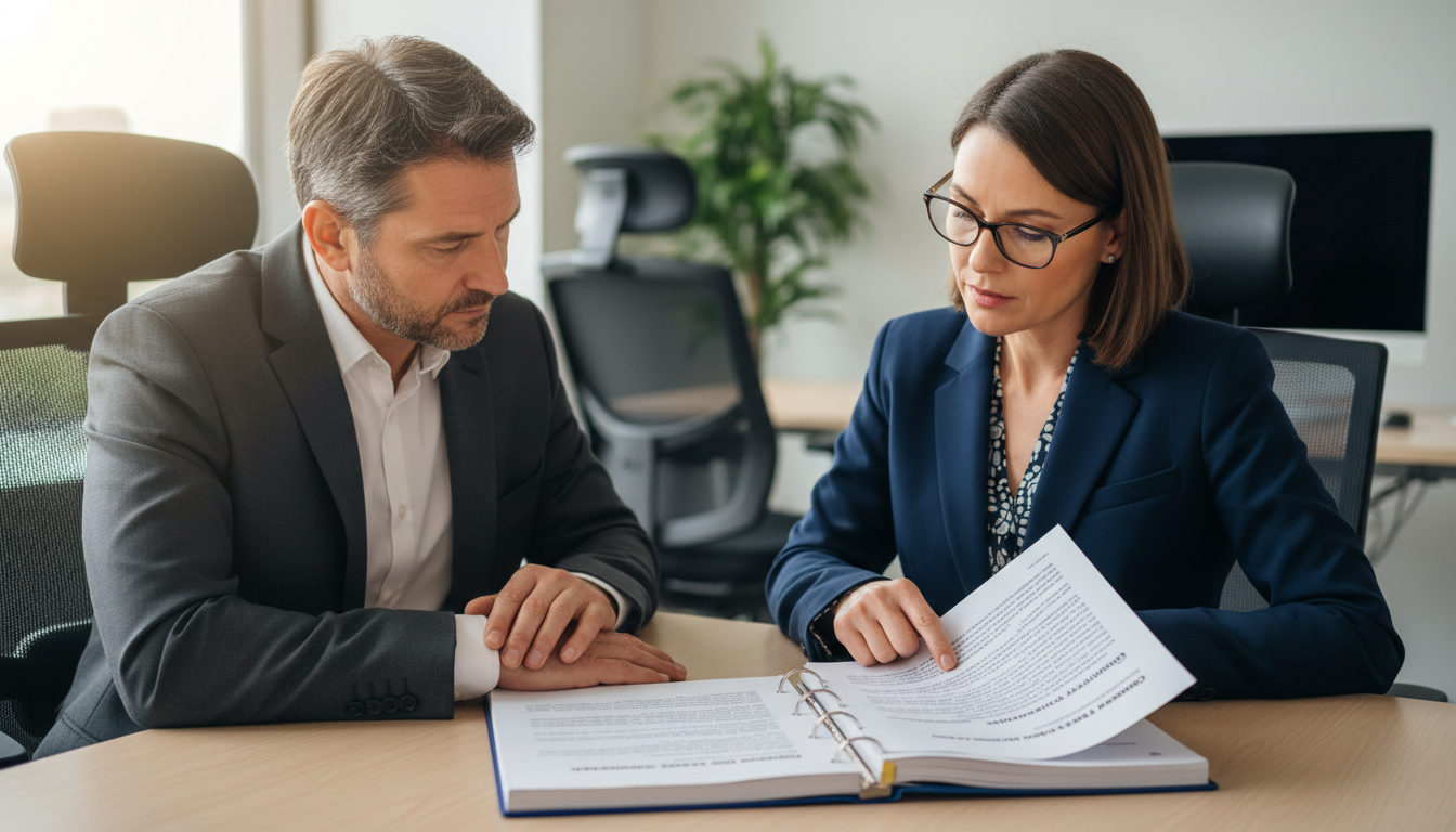 Business professionals reviewing share agreement