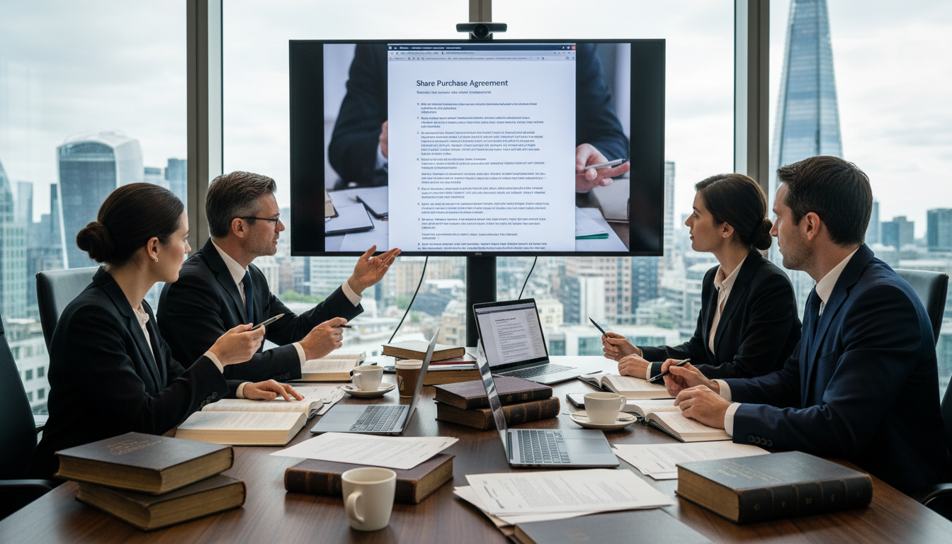 Legal team discussing UK SPA clauses