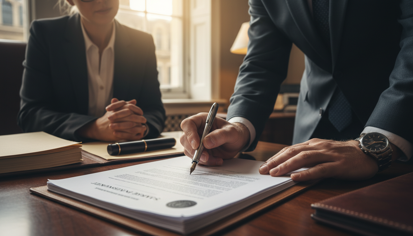 Signing share purchase agreement in office