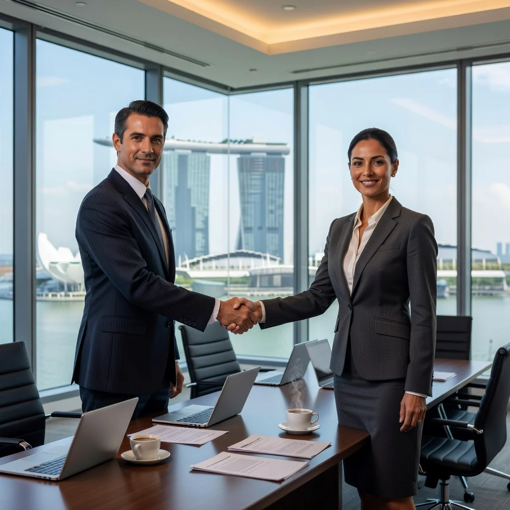 A professional scene in a modern Singapore office where two business professionals, one Asian male in a suit and one Asian female in business attire, are shaking hands over a conference table with a view of the Singapore skyline in the background, symbolizing a successful share purchase agreement.