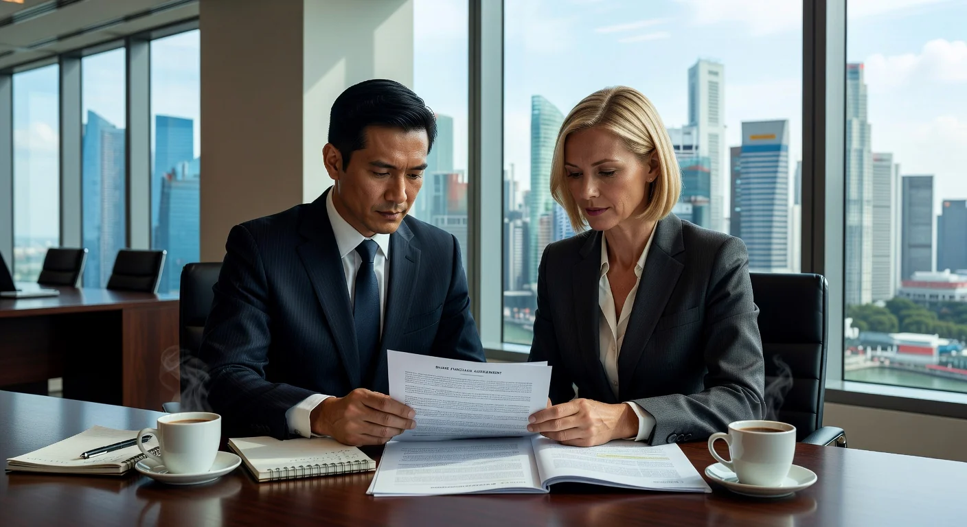 Adult lawyers reviewing share agreement