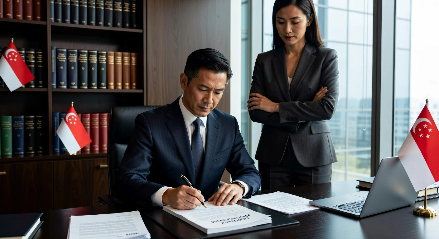 Signing share purchase contract in office