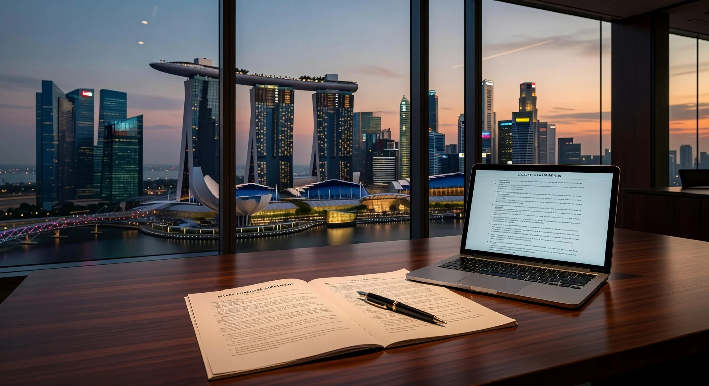 Singapore skyline with legal documents