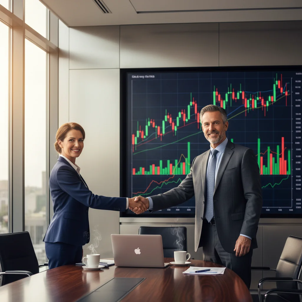 A photorealistic image of two professional adults in a modern office, shaking hands over a conference table with stock market charts and graphs displayed on a large screen in the background, symbolizing a stock purchase agreement deal.