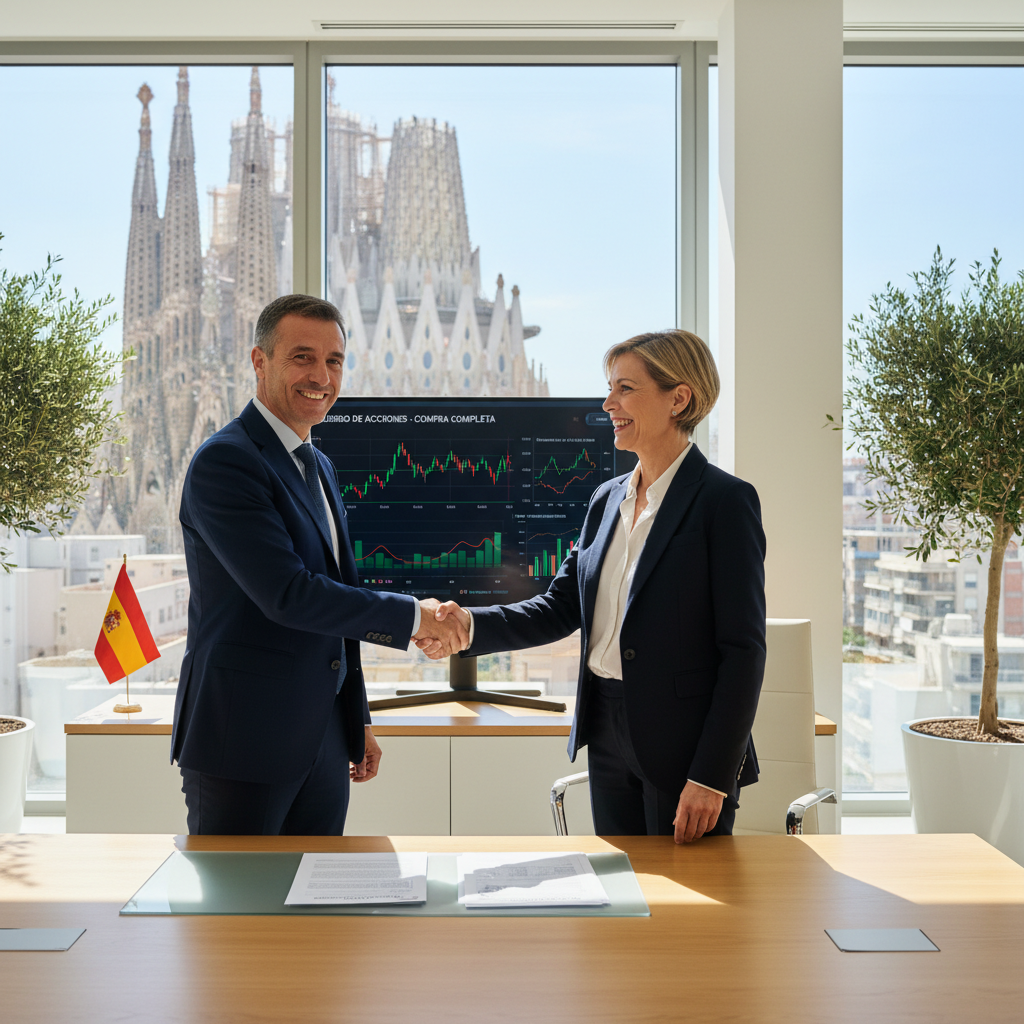 A professional business meeting in a modern Spanish office where two adults in suits are shaking hands over a table with stock market charts and financial documents in the background, symbolizing a stock purchase agreement.
