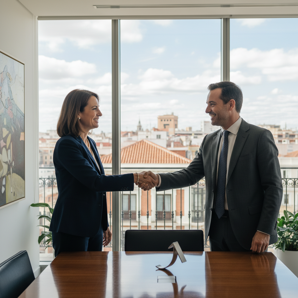 A professional scene depicting a business handshake between two adults in a modern Spanish office, symbolizing a stock purchase agreement, with elements like a subtle Spanish flag or Madrid skyline in the background, photorealistic style.