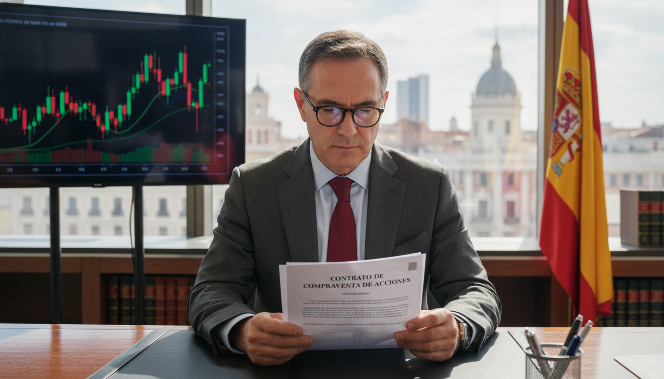Spanish lawyer reviewing stock sale contract
